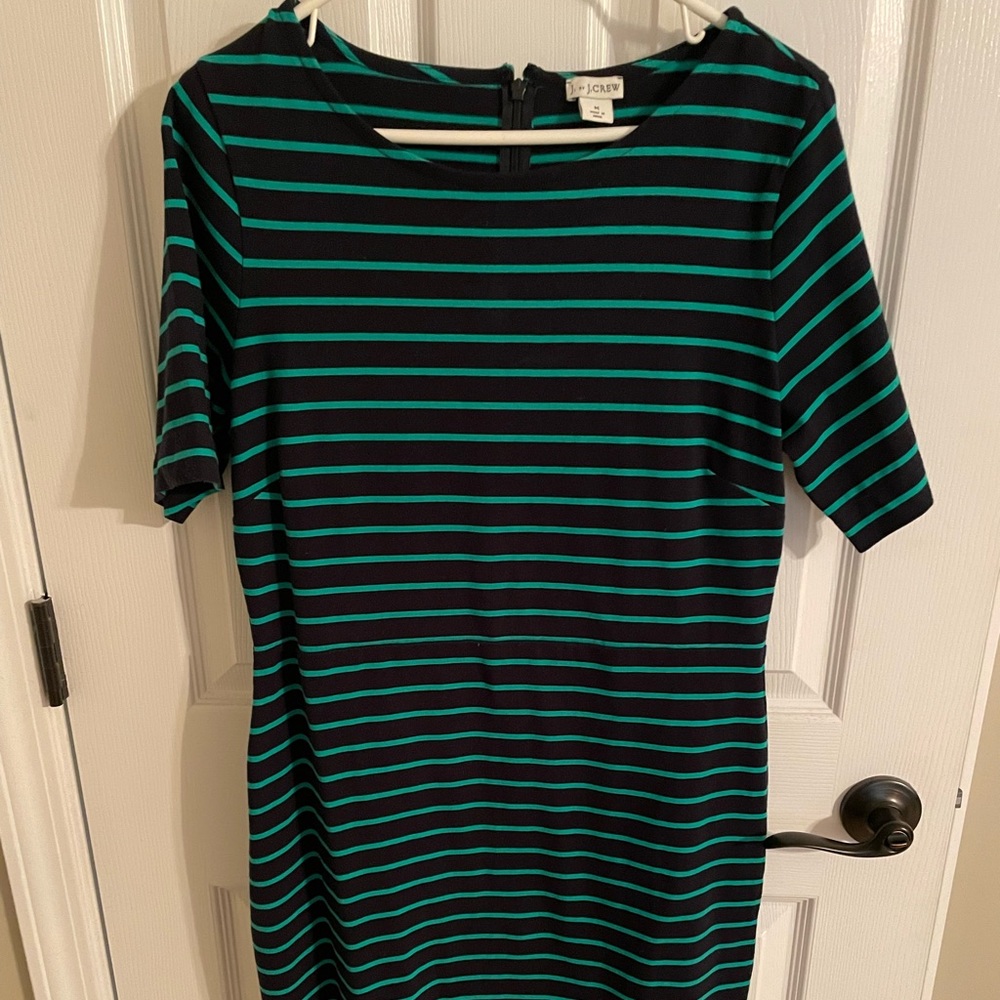 J. Crew navy and green stripe dress, fitted bodice, knee length